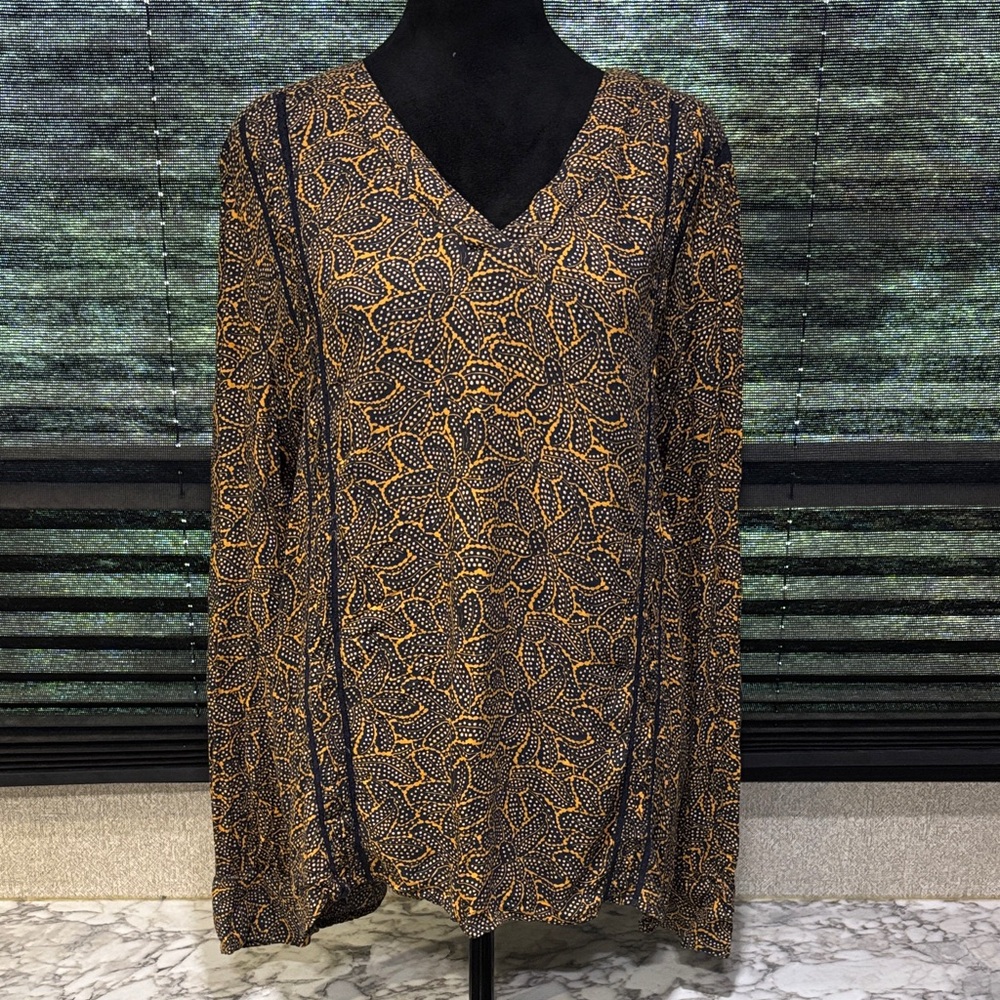 Hinge Women’s Blue & Orange Floral Print LS V-Neck Lace Accent‎ Blouse SZ XL